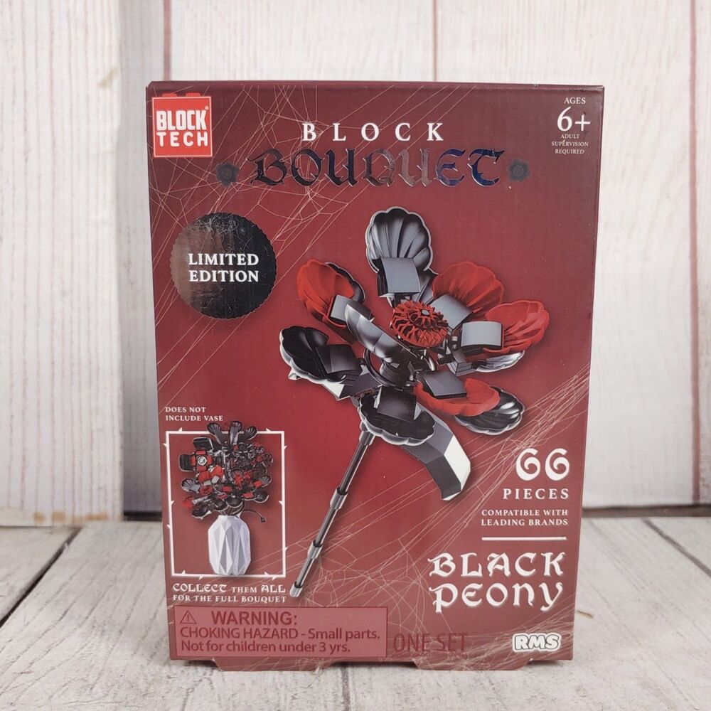 Block Tech Block Bouquet Black Peony Flower Building Block Set 66 Pieces NIB